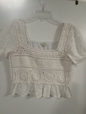 Crochet Square-Neck White Crop Top with Ruffle Hem